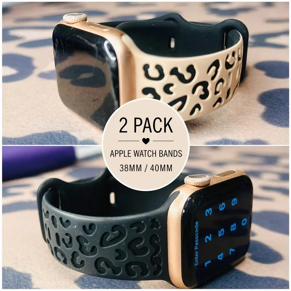 2 Pack Apple Watch Bands 38 40 Matte Black & Blush Leopard NEW